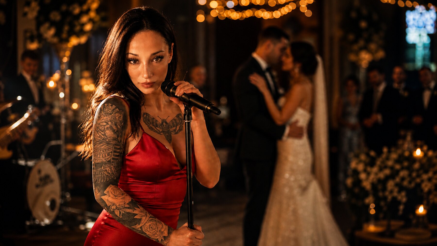 Tamara Brückner singt in einem roten Kleid bei einer Hochzeit – das Brautpaar und die Gäste sind sichtlich gerührt